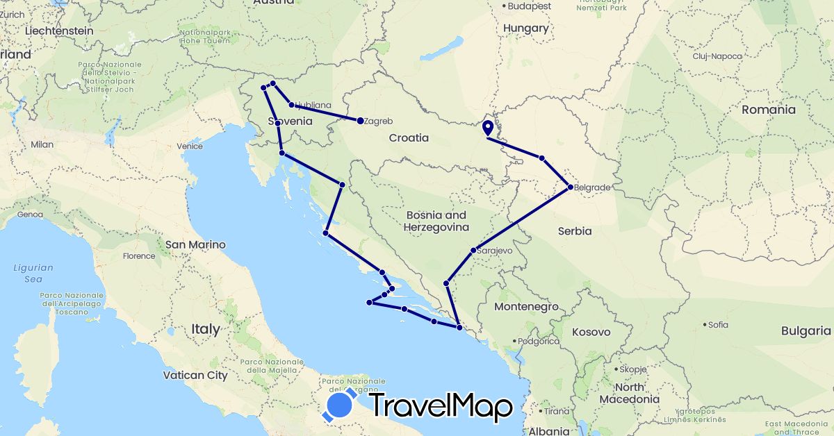 TravelMap itinerary: driving in Bosnia and Herzegovina, Croatia, Serbia, Slovenia (Europe)
